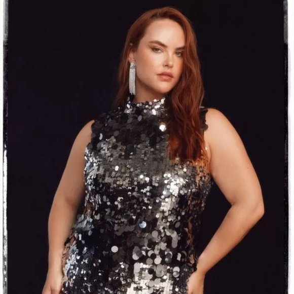 Plus Size Sequin Striped High Neck Shift Dress - Picture 1 of 8